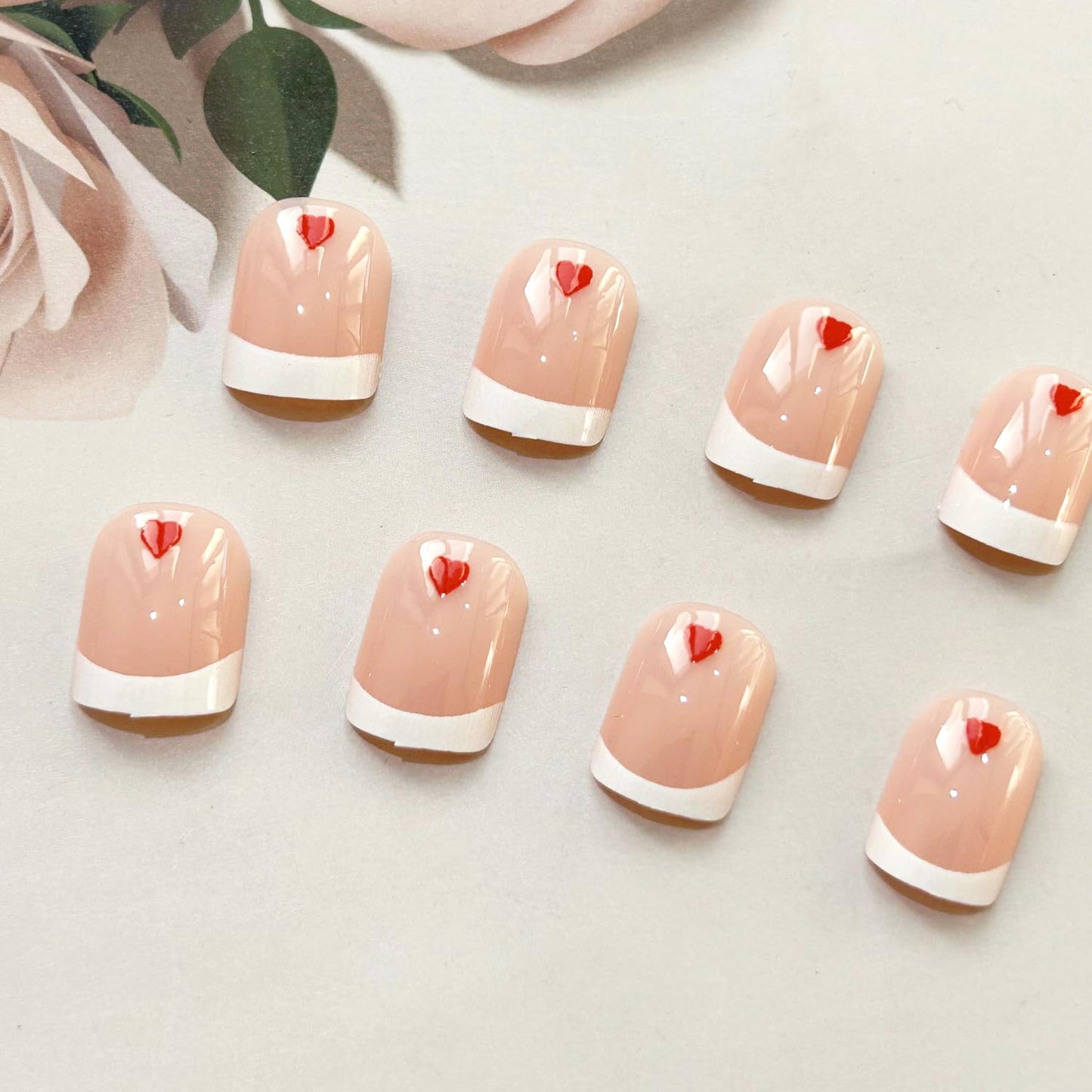 Valentine's Day Press on Nails Short Square Fake Nails White French Tip False Nails Red Hearts Designs Stick on Nails Full Cover Glossy Nude Glue on Nails for Women Holiday Nail Decorations 24pcs