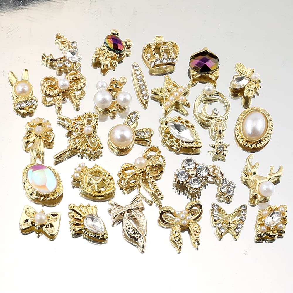50pcs Random Gold Nail Charms Luxury Nail Rhinestones Nail Gems 3D Alloy Flower Butterfly Nail Art Charms Metal Snake Bear Heart Bow Star Charms for Nails Mix Styles Nail Jewels for Nail Art Supplies