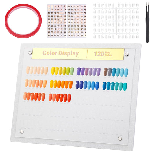 Segbeauty 120 Colors Nail Art Display Board with Accessories, Acrylic Rack Colors Showing Shelf for Nail Sample Display Practice, Nails Stand with False Tips Double Sided Tape Tweezers Number Stickers