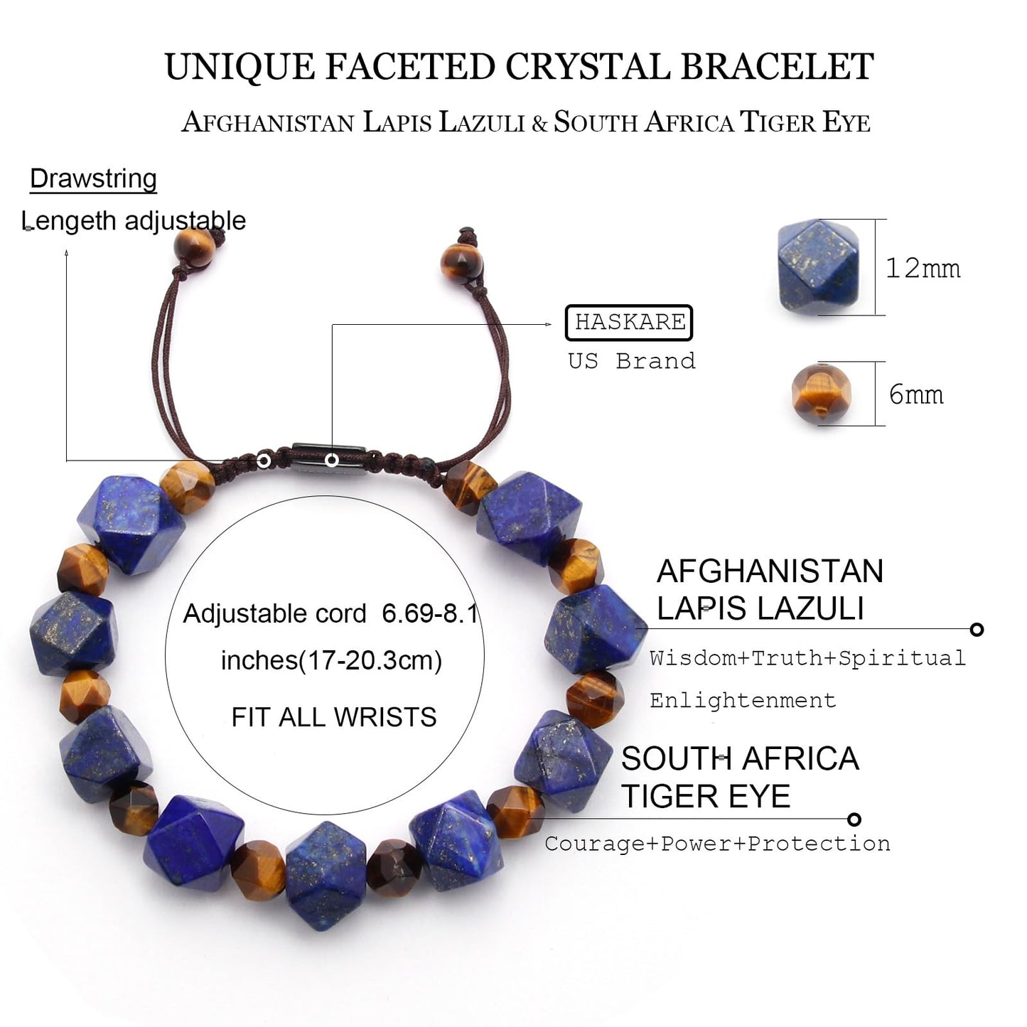 HASKARE Unique Gift Crystal Beads Bracelet for Men, Natural Crystal Lapis Lazuli Tiger Eye Bracelet Premium Handmade, Masculine Drawstring Men Beads Jewelry Energy Protection Stone Stuffers for Him