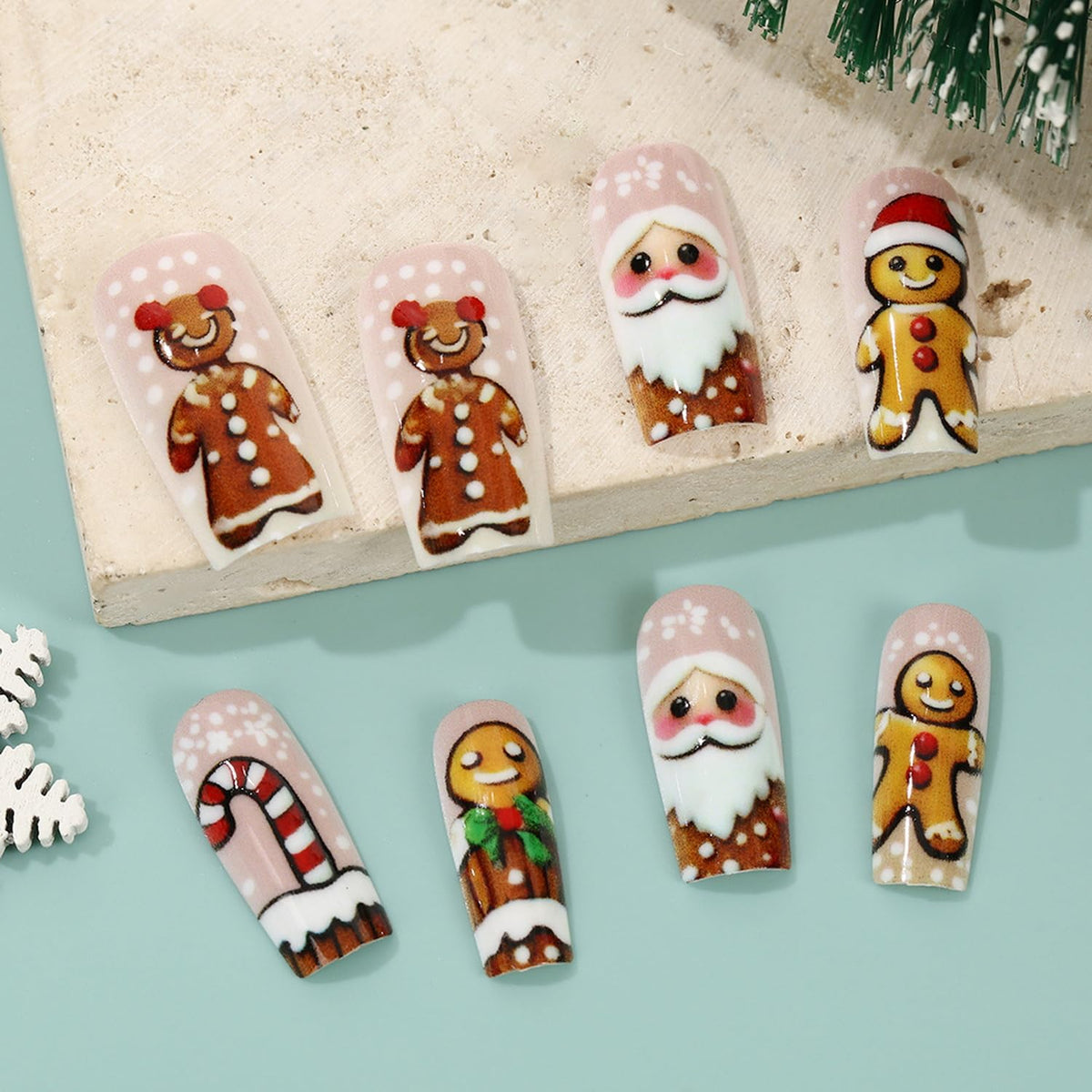 Christmas Press on Nail Long Square Fake Nails Gingerbread Man Santa Claus Snowflakes Polka Dot designs Acrylic Glossy Cute False Nails Brown Holiday Press ones Winter Xmas Manicure for Women 24pcs
