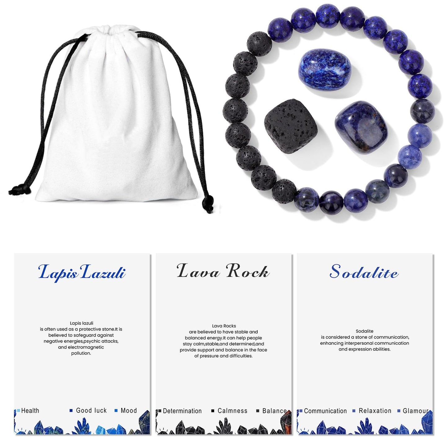 GolbalJew Natural Stone Beads Bracelet With Healing Stones Crystal Beginner Gift Set of 4 for Emotional Balance, Blue Lapis Lazuli, Lava Rock, Sodalite, Apatite, Turquoise, Amazonite, Obsidian, Hematite, Tiger's eye Palm Stones