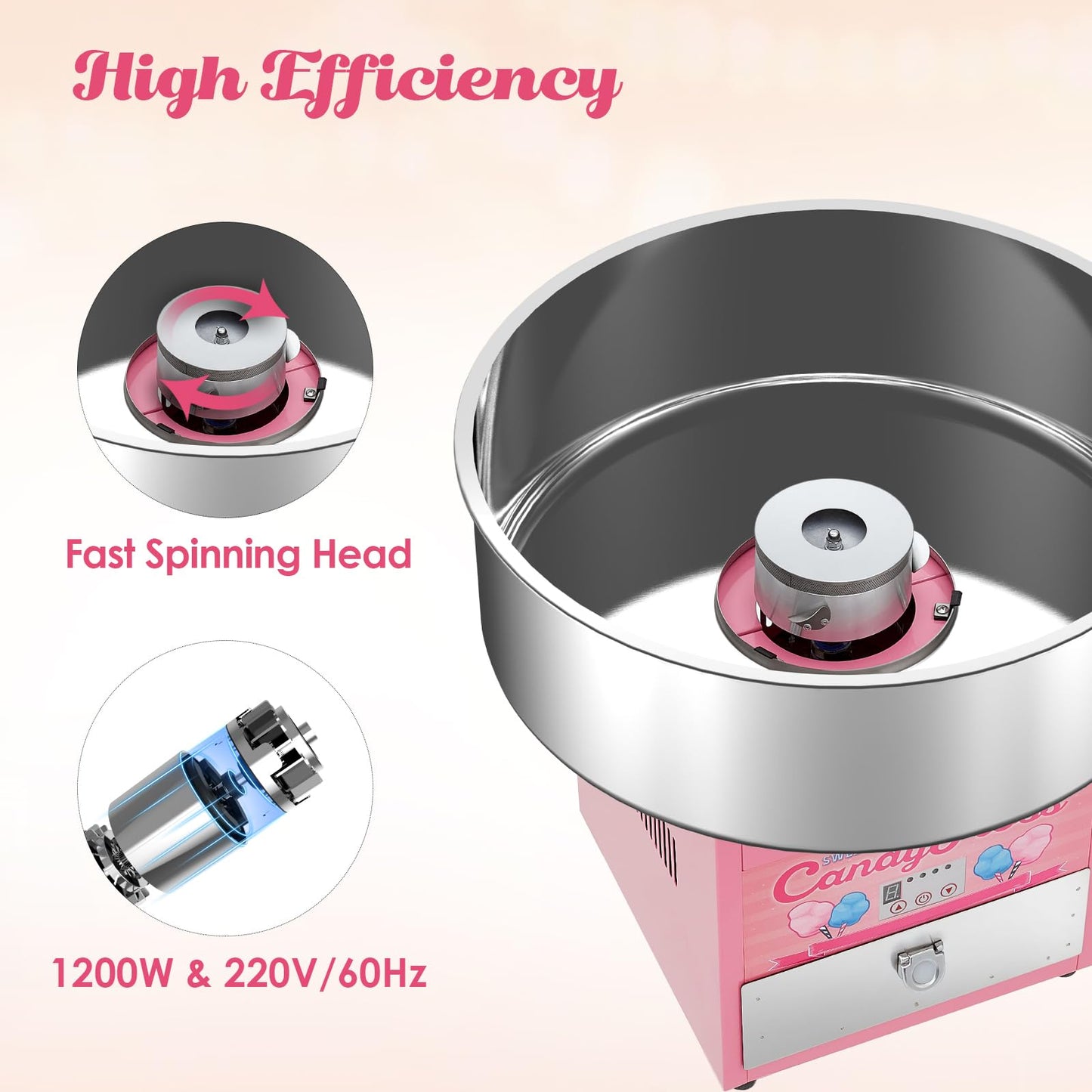 Electric Cotton Candy Maker Commercial, Cotton Candy Machine for Kids with 20 inch Stainless Steel Bowl for Family, Party, Amusement Park, Carnival- Pink