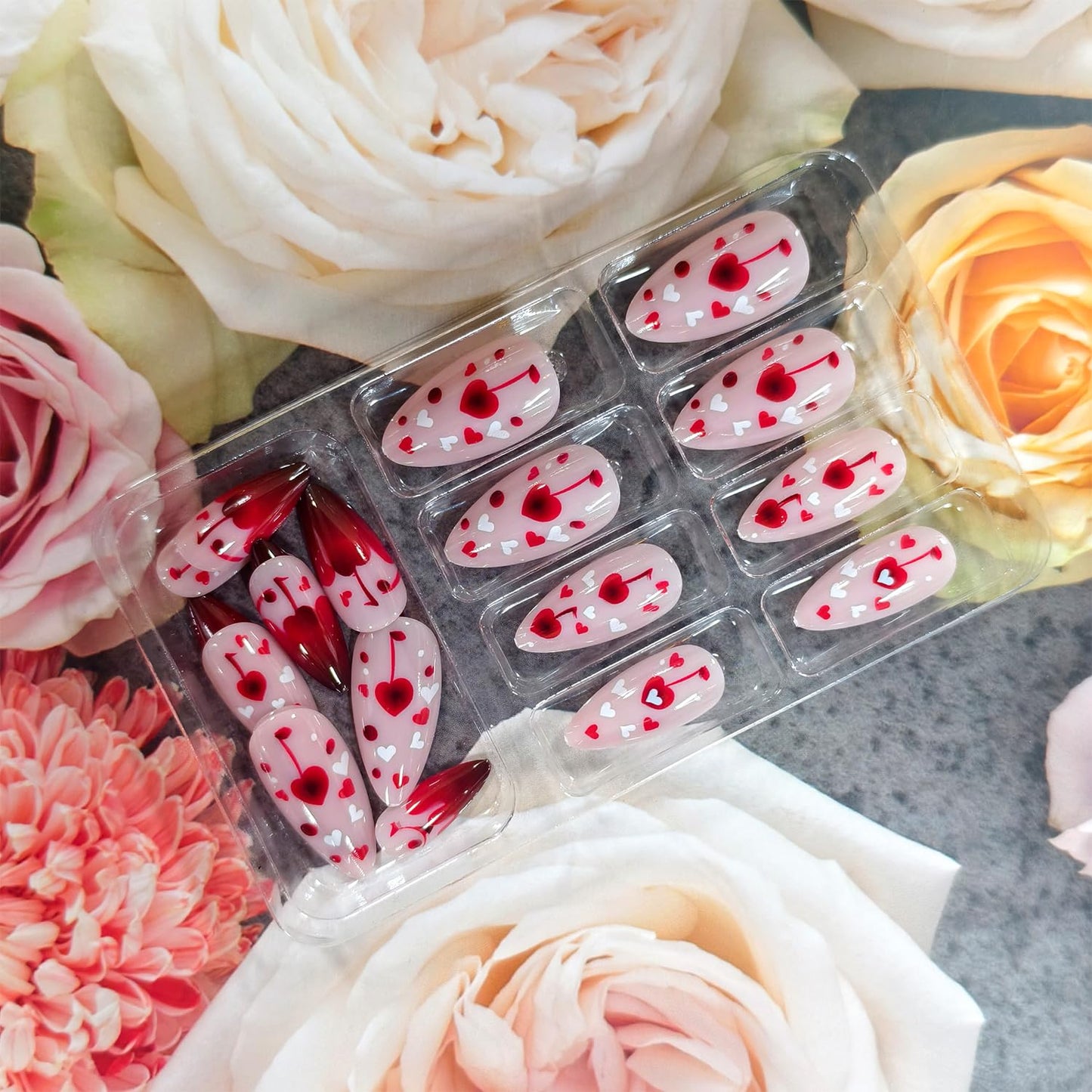 Heart Press on Nails Medium Almond Artificial Acrylic French Red Fingernails Red White Love with Cherry Design Coffin Nails Full Cover Glossy Valentines Glue on Nail Artificial Nail for Women Manicure