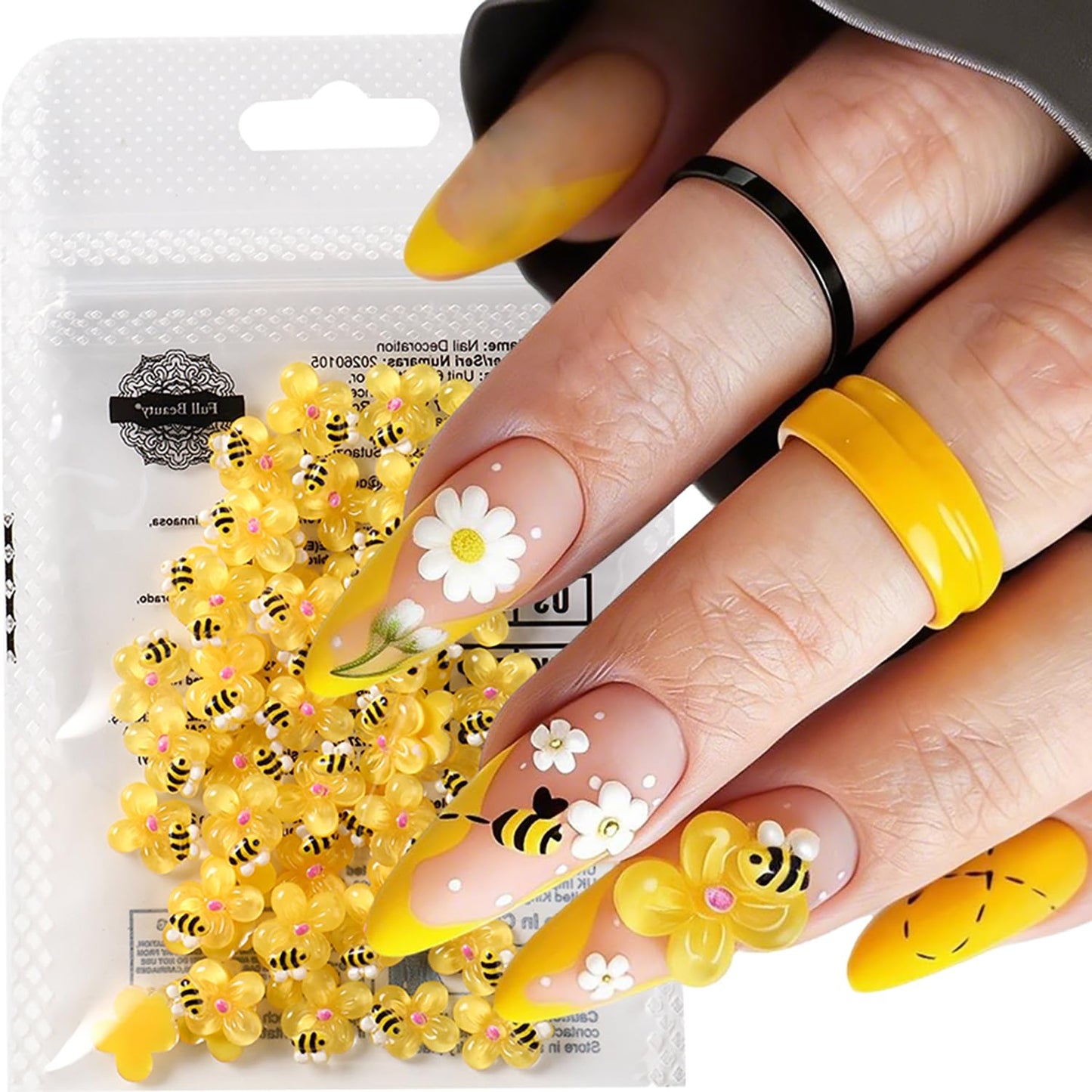 Flowers Bees Nails Art Decoration Spring Summer Acrylic Nails Supplies Holographic Relief Cute Cartoon Bee Flower Nail Ornaments Acrylic Jewelry Studs Nail Art Flakes for Women Manicure Decor