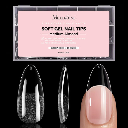 MelodySusie Medium Almond X Nail Tips - 600Pcs 15 Sizes Clear Acrylic, Half Matte Full Cover Press on Nails for DIY Extension & Salon Use, Pre-Shaped for Long-Lasting Manicure