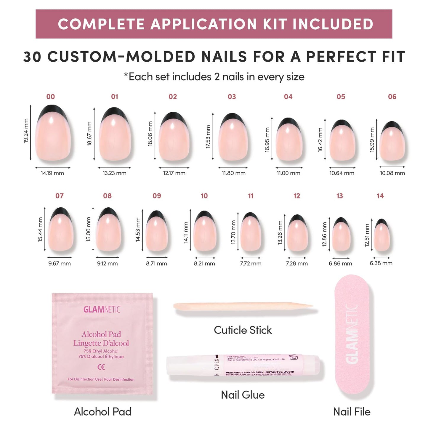 Glamnetic Press On Nails - Short Oval Fake Nails, Black French Tip Nails, Smoke Salt | 15 Sizes - 30 Nail Kit with Glue | Gift for Mom