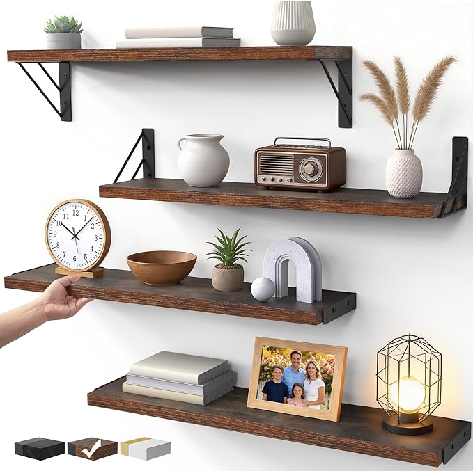 BAYKA Wall Shelves for Bedroom Decor, Floating Shelves for Wall, Display Mounted Rustic Wood Shelf for Books,Plants,Corner Shelves for Bathroom,Kitchen,Living Room(Rustic BrownÃ¯Â¼Â23inÃ¯Â¼ÂSet of 4)