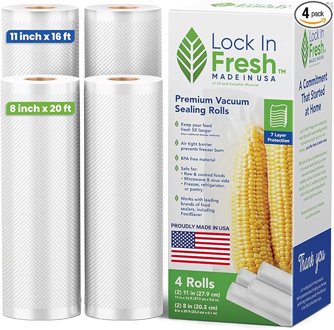 Vacuum Sealer Bags for Food Combo Pack, 2 Rolls 11" x 16' + 2 Rolls 8" x 20' - Heavy Duty Food Saver Vacuum Sealer Bag Rolls - Sous Vide, Seal a Meal Bags - Made in the US