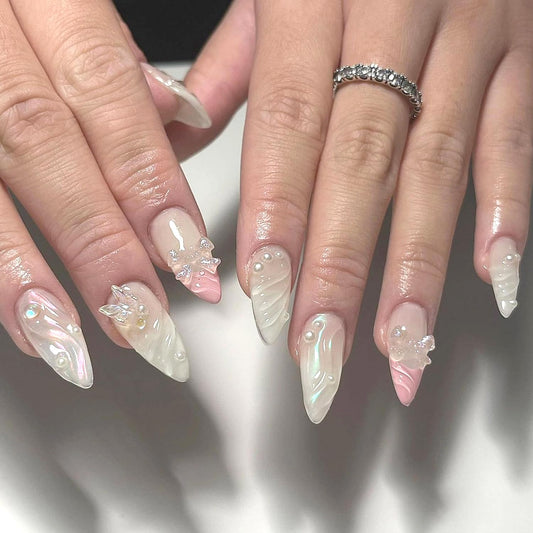Pink French Press on Nails Almond Fake Nails 3D Pearl Nail Art Design False Nails Glue on Artificial Nails Butterfly Nail Tip Cute Bow Stick on Nail for Women Girls Manicure Set 24Pcs