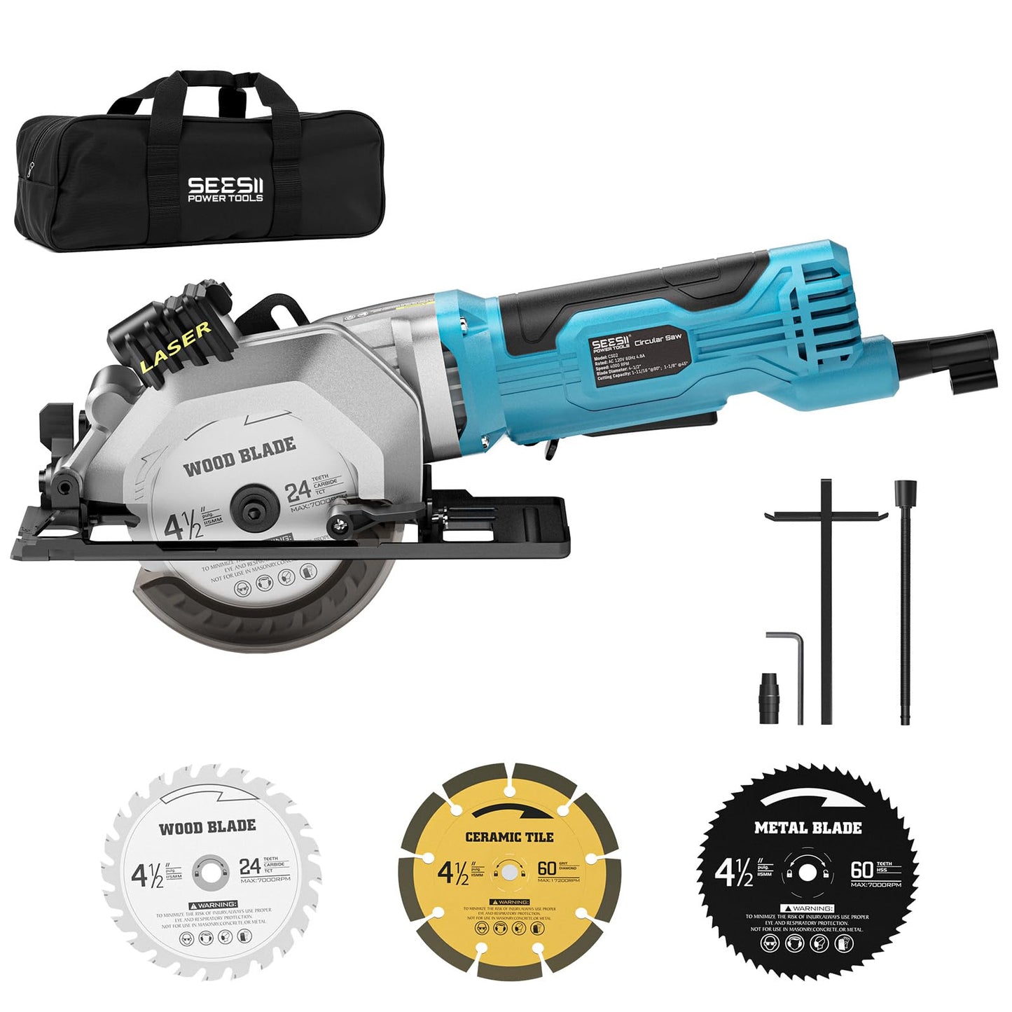 Seesii Mini Circular Saw with Laser Guide,4.8A 4000 RPM Compact Corded Circular Saw with Rip Guide,3 Blades (4-1/2") for Wood,Soft Metal,Tile,Plastic Cutting,Max Cut Depth 1-11/16"(90°),1-1/8" (45°)
