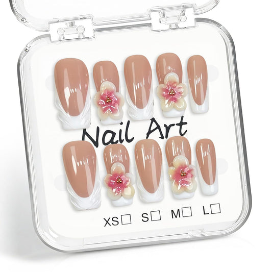 Handmade Press on Nails Long Square White French Tip Thick Acrylic Fake Nails 3D Flower False Nail with Embossed Designs Elegant Sturdy Nail Art Press on Nails Multi Gel Stick on Nail 10Pcs (M)