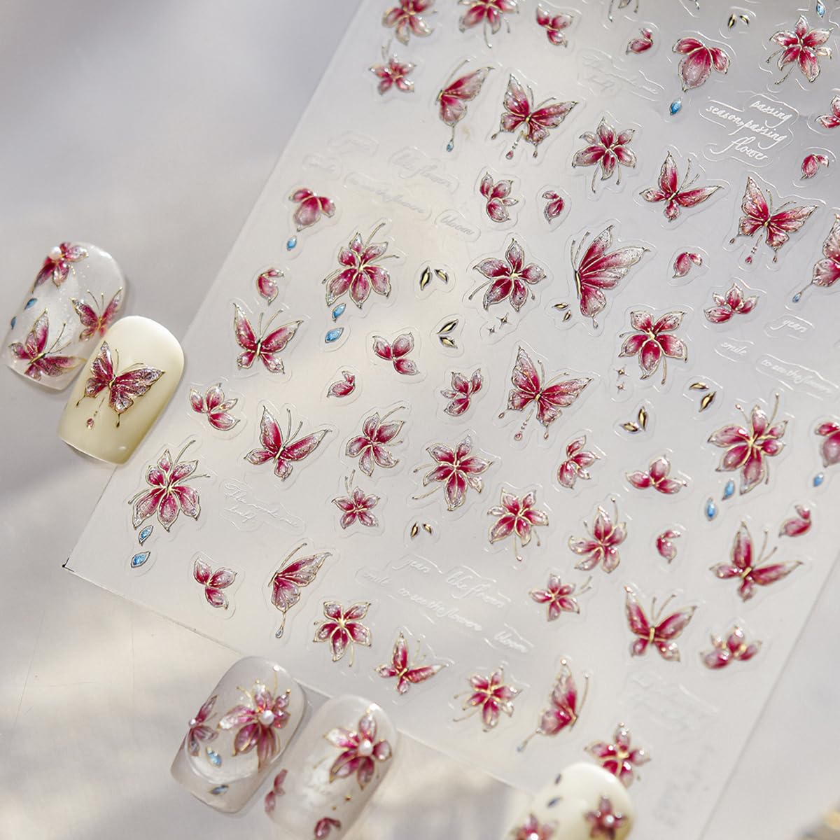 Butterfly Nail Art Stickers 5D Embossed Flower Nail Stickers Floral Nail Decals Luxury Self-Adhesive Nail Art Supplies for Women Girls Spring Manicure 1 Sheet