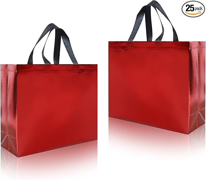 cabzymx 25 Pcs Red Reusable Gift Bags with Handles, Party Gift Bag with Sturdy Bases, Ideal Goodie Bag Bulk for Xmas, Birthday, Wedding, Holiday- 12.6x4.7x11 In
