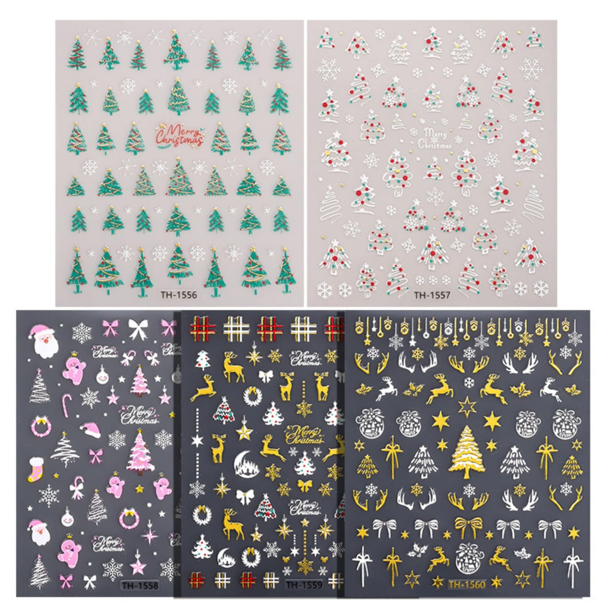 5 Sheets Christmas Bronzing Nail Stickers, 3D Embossed Self-Adhesive Snowflake Nail Decals with Xmas Tree Santa Claus Bow Design Holiday Nail Art Supplies for Women DIY Decorations
