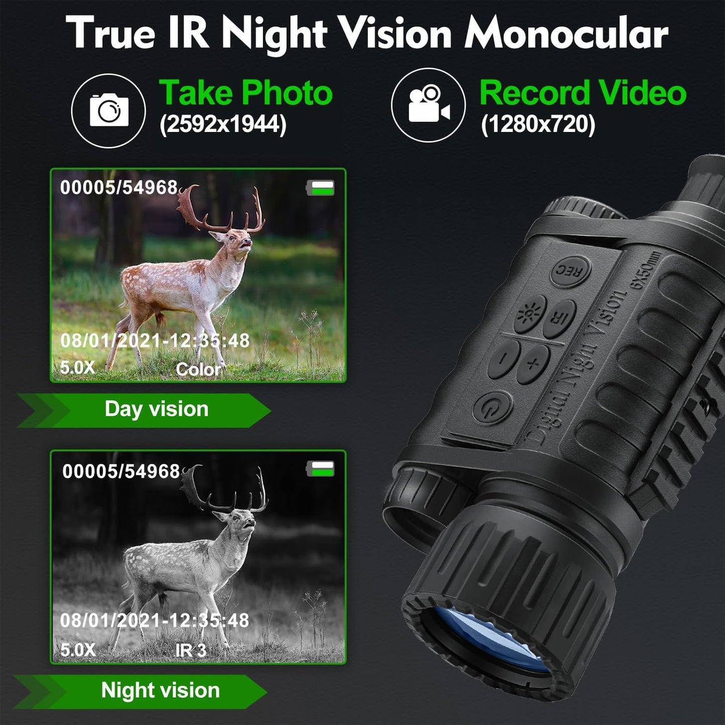 True Night Vision Monocular for Adults, IR Illuminator for Complete Darkness, High Sensitivity COMS Sensor Digital Night Goggles Night Vision Binoculars WG-50