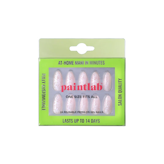 PaintLab Press On Nails - Beige Lace Almond Fake Nails, 30 Nails in 15 Sizes with Glue, Reusable Salon Quality Press On Nails