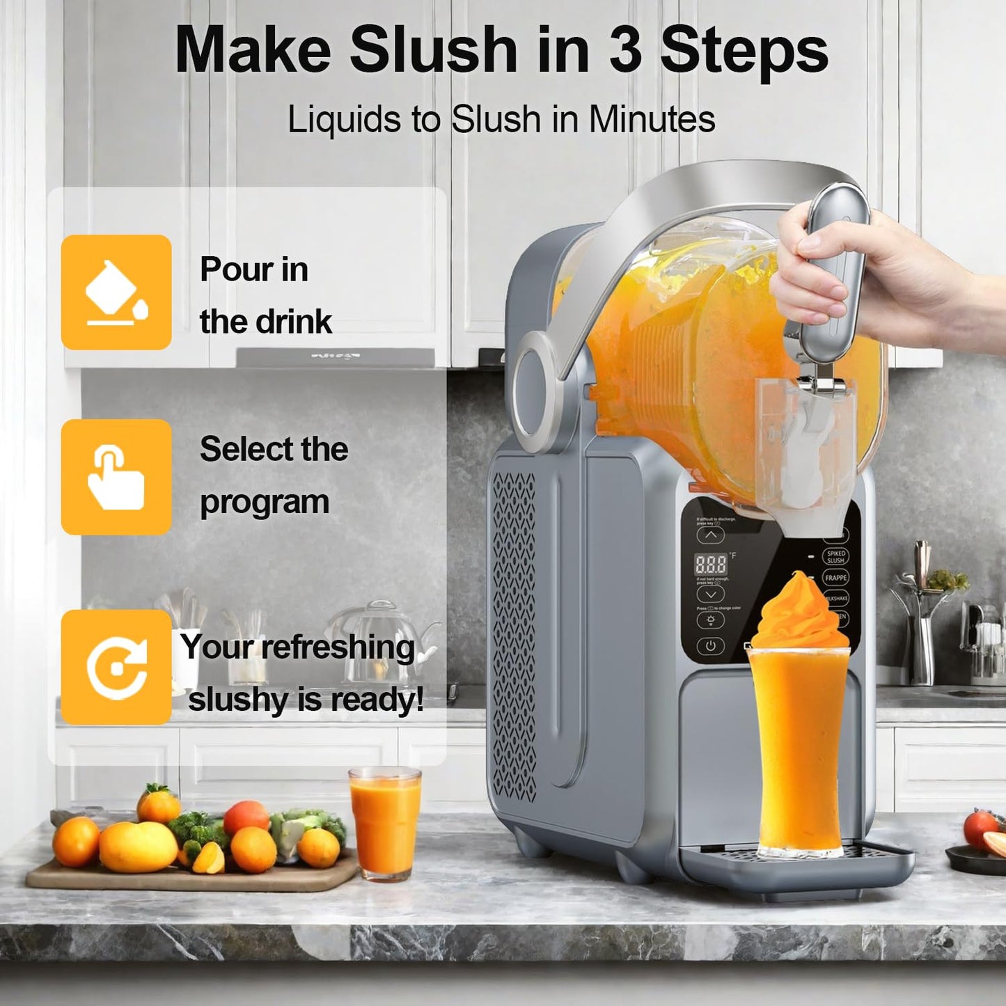 GSEICE Slushie Machine, 101oz Large Capacity Slushy Machine for Home with Portable Handle, Real-time Temp Display, 5 Preset Modes for Slushie, Margaritas, Frappés, Milkshake, and Juice