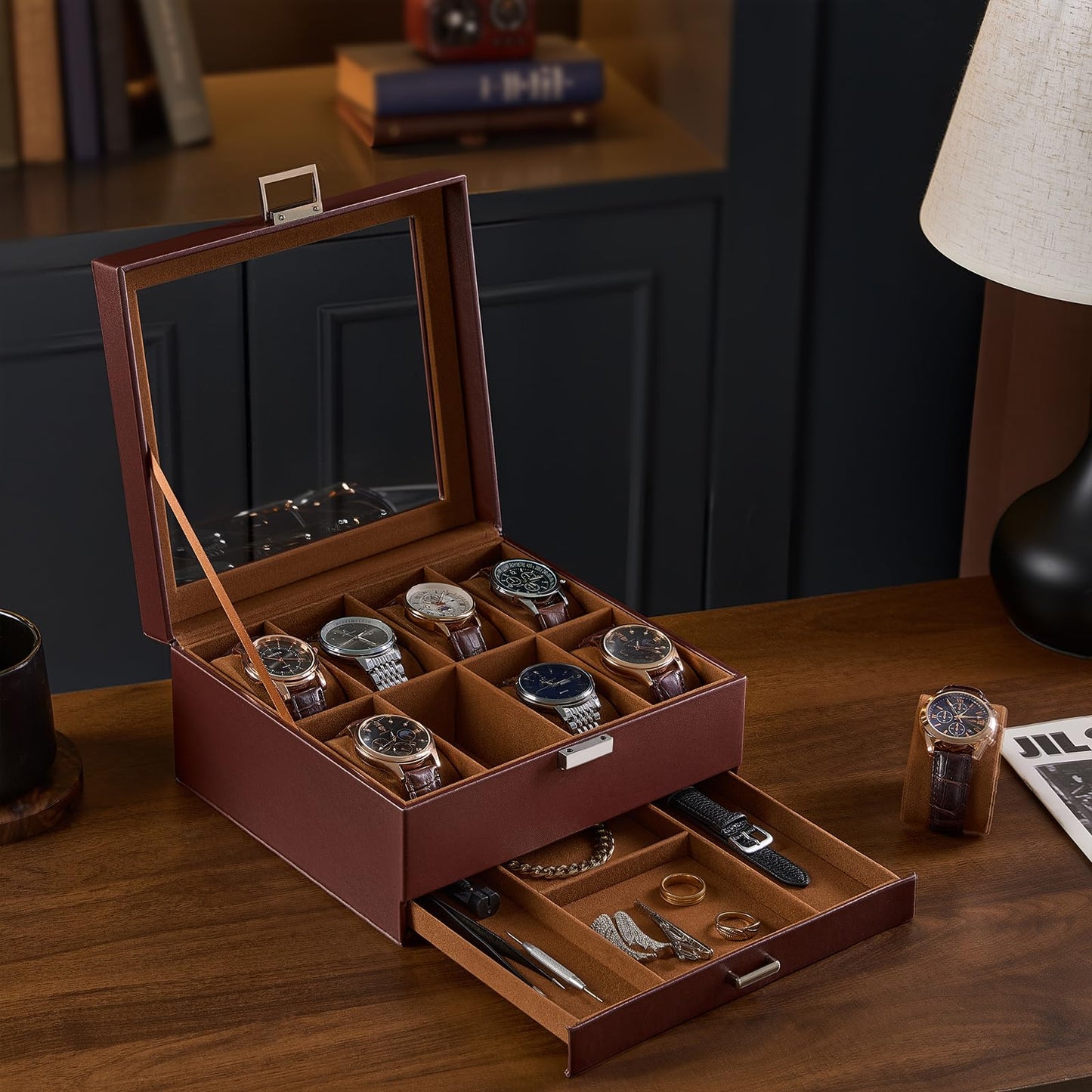 ProCase Watch Case, 8 Slot Mens Watch Box Holder Organizer with Glass Lid, 2-Layer Watches Display Case, Mens Jewelry Box with Drawer, Birthday Valentine Gifts for Men Women -8 Slot, Espresso
