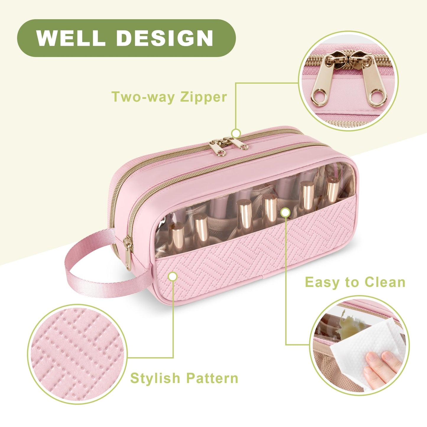 Prokva Nail Polish Organizer Case Fits 12 Bottles (15ml), Nail Polish Supplies Storage Bag with Clear Window, Pink