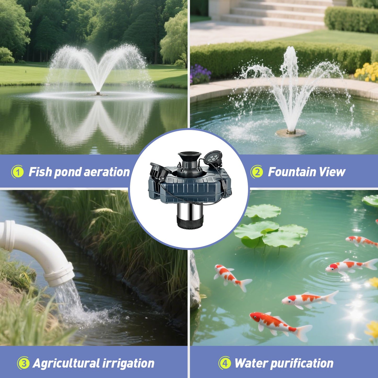 ShuDwrpu Premium LED Pond Fountain with RGB Lighting System, Stainless Steel Rotor, All-Copper Motor, Remote Control, Dynamic Color Changing, for Garden Ponds (Two Lights)
