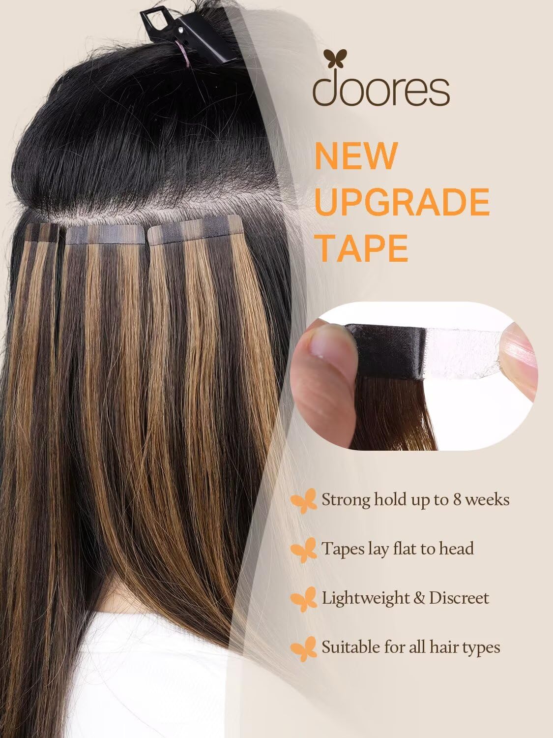 DOORES Tape in Hair Extensions Human Hair, 18 Inch 50g 20pcs Jet Black, Real Human Hair Extensions Tape in Remy Straight Skin Weft Double Side