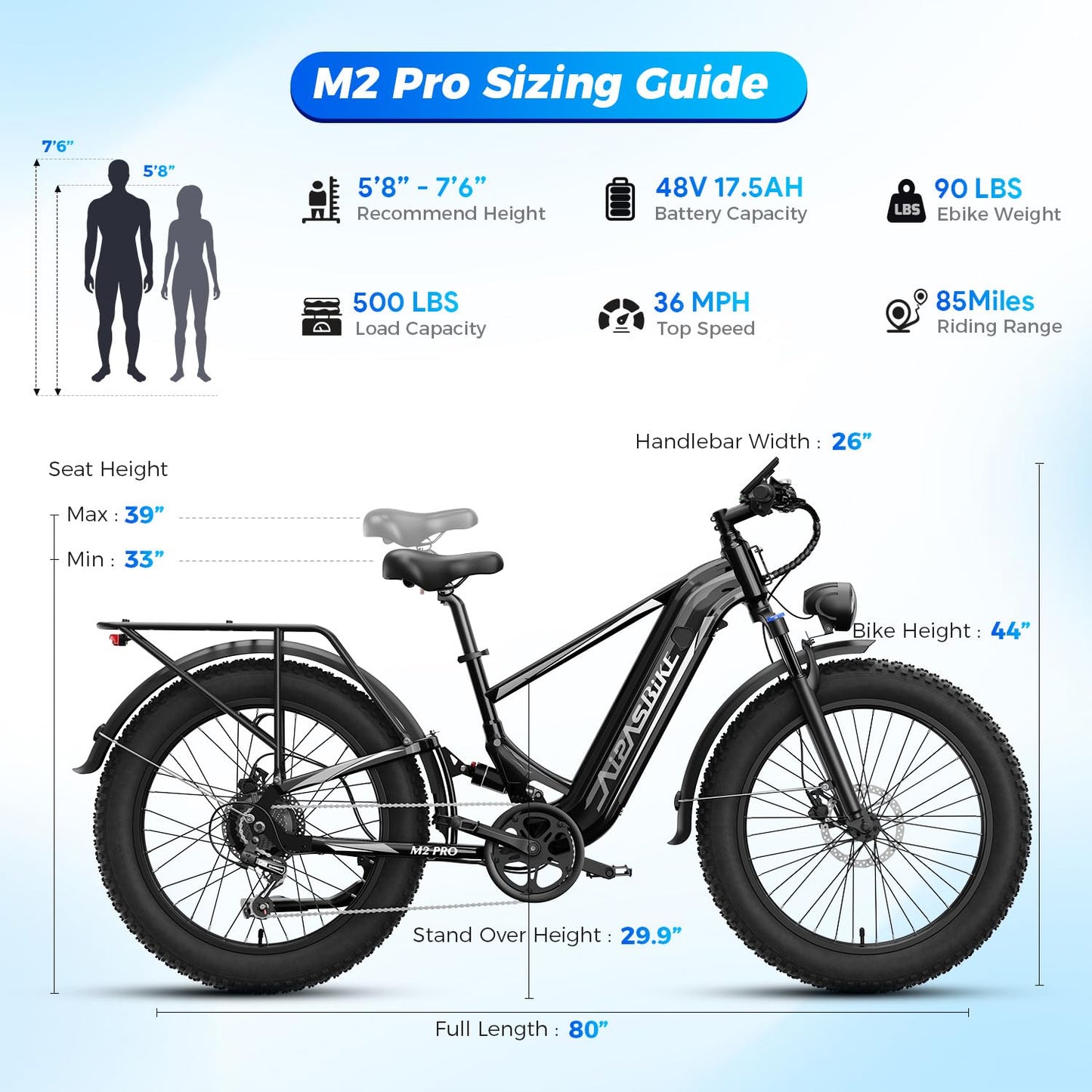 LEONX M2 pro Electric Bike,1800W Peak Motor Electric Bike Mountain Bike, 26'' x 4.0'' Fat Tire Electric Ebike with 48V 17.5AH Battery, 36MPH 85Miles Electric Bicycle with Front and Rack Basket