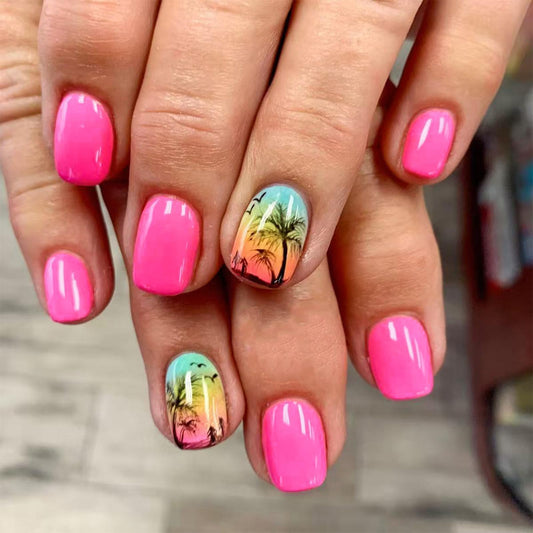 Ocean Press on Nails with Tropical Sunset Design Glossy Pink Ombre Fake Nail Palm Tree Short Square False Nails Summer Stick on Nail Beach Glue on Artificial Fingernails for Women Daily Wear