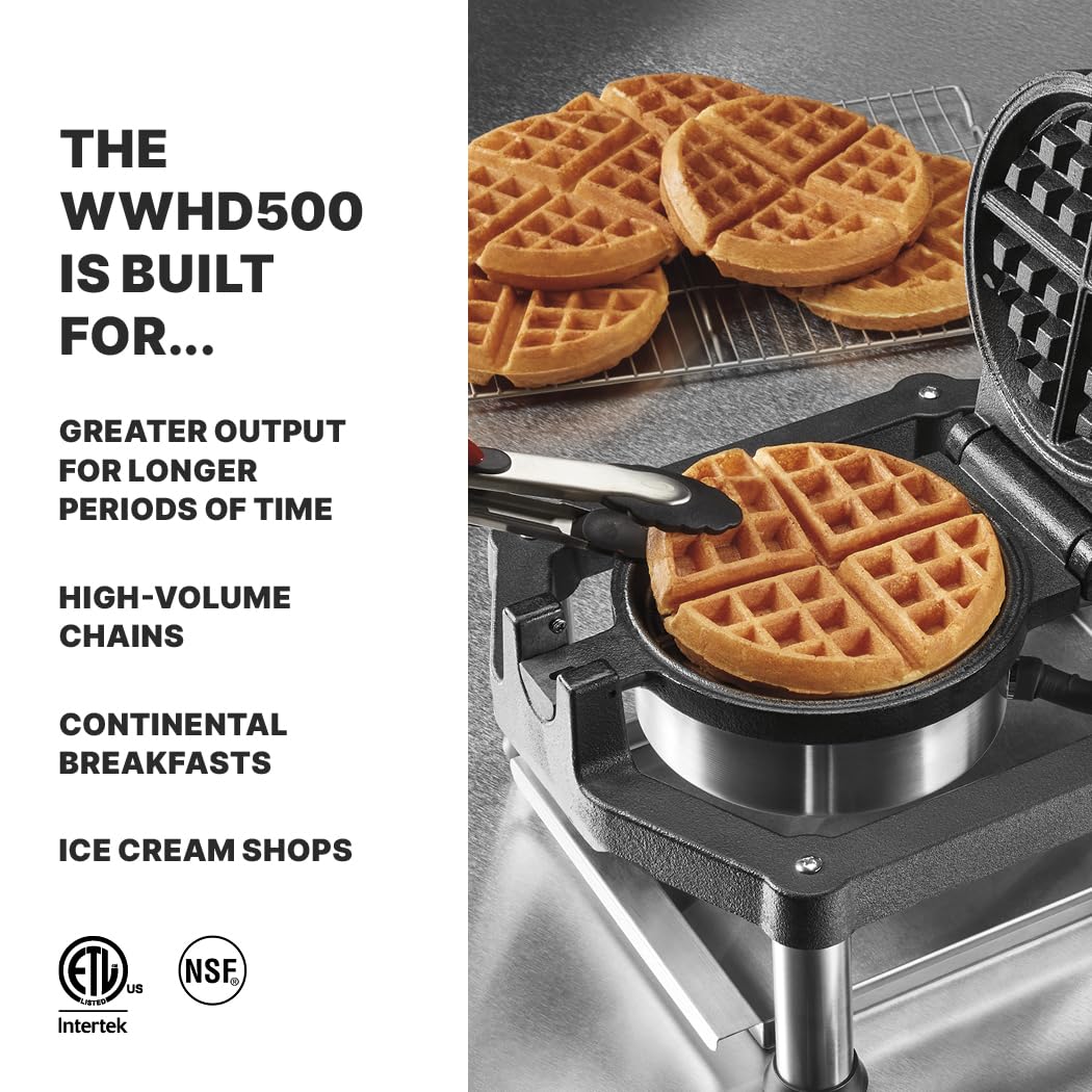 Waring Heavy-Duty Cast-Iron Belgian Waffle Maker, 30 Waffles per Hour, High-Volume Chains, Continental Breakfasts and Ice Cream Shops, WWHD500