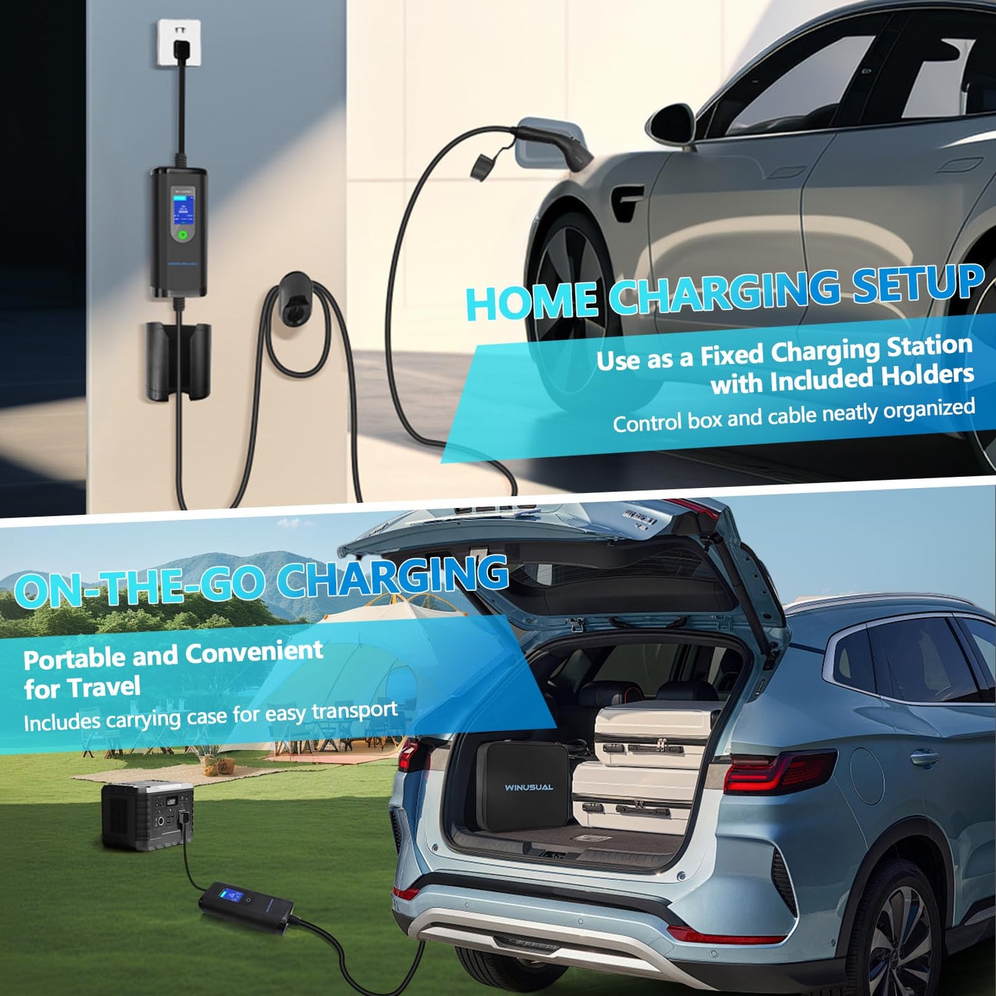WINUSUAL Portable Level 2 EV Charger, Adjustable 40A Electric Car Charger J1772, 240V NEMA 14-50 Plug EVSE Home Charging Station with 25ft Cable and Carry Bag