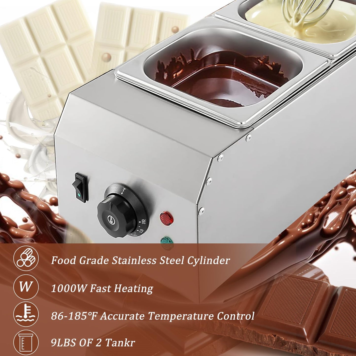 Chocolate Melting Pot, 9 Lbs 2 Tanks Chocolate Tempering Machine Chocolate Melter with TEMP Control 86~185℉, 1000W Stainless Steel Electric Commercial Chocolate Warmer and Melter