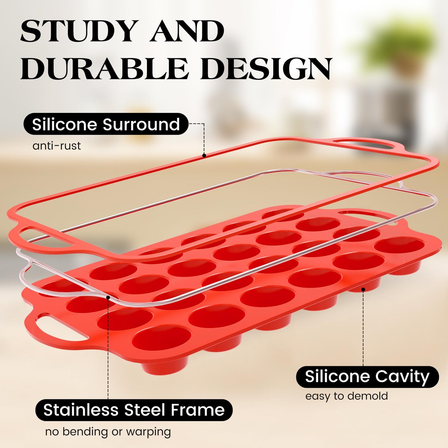 AOTASO Regular 12 Cup and Mini 24 Cup Nonstick Cupcake Pan Set Silicone Muffin Pan for Baking Silicone Cupcake Mold with Metal Reinforced Frame BPA Free (2 Pcs, Red)