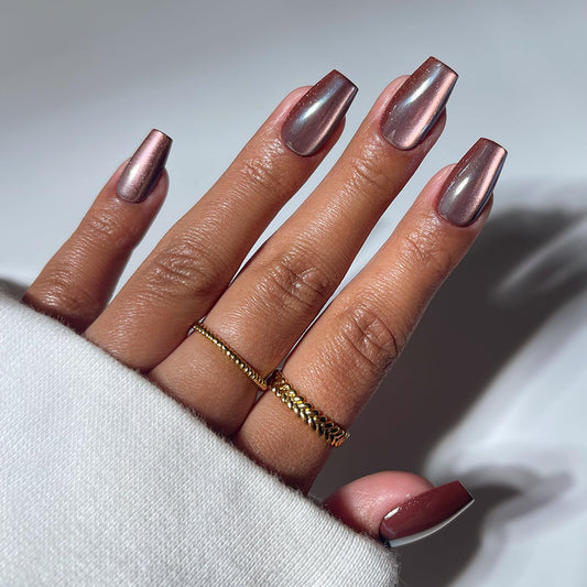 Glamnetic Press On Nails - Brown Medium Coffin Fake Nails with a Velvet Finish | Salon Quality Vacation Nails | Espresso Glow |15 Sizes - 30 Nail Kit with Glue