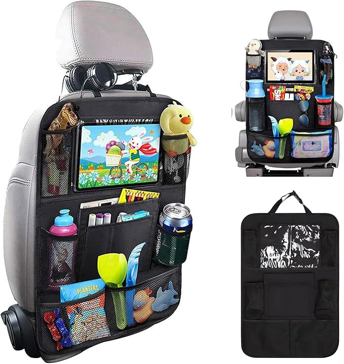 Matenf Car Organizer Back Seat with 9 Storage Pockets & 10â³ Tablet Holder, 1Pack Seat Back Cover for Kids Toddlers, Kick Mats Protector, Keep Cars Vehicles Organized & Tidy, Travel Accessories