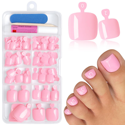 EternalClassic 144pc Press on Toenails for Women Toe Nail Press ons Short Square with Glue&Jelly Glue, Pink Fake Toe Nails Glue on Toe Nails, Full Cover Acrylic Artificial Toe Press on Nails