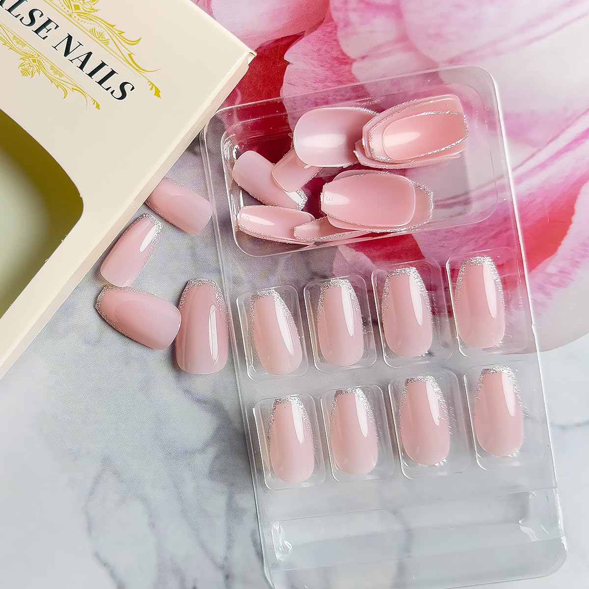 24Pcs Silver French Tip Press on Nails Short Square Fake Nails Glossy Nude False Nails Glitter Full Cover Artificial Glue on Nails Cute Stick on Nails Nail Reusable Supplies for Women DIY Nails Art
