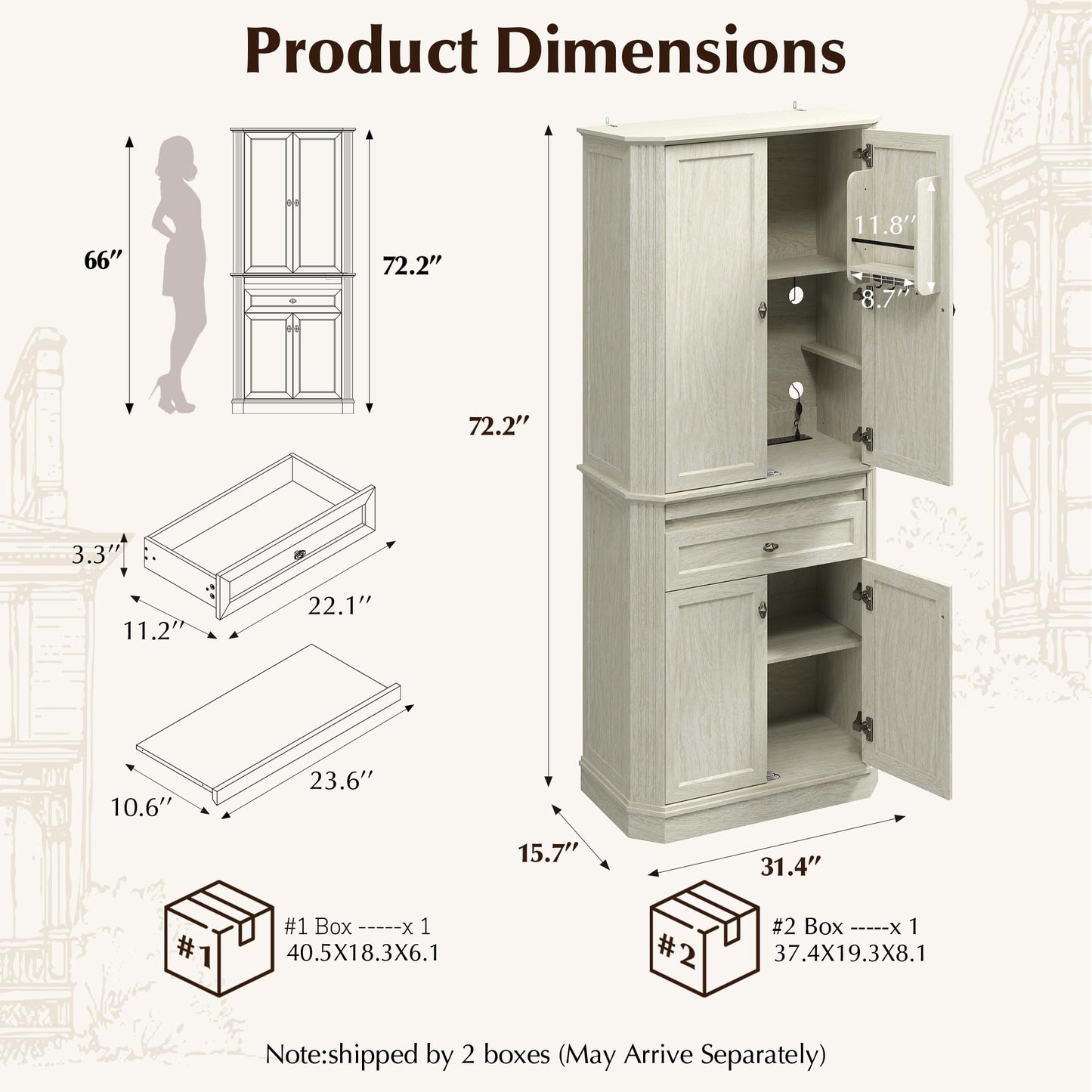 AMBERHAUS 72.2" Tall Kitchen Pantry Storage Cabinet with Doors, Farmhouse Storage Cabinet with Drawers, Adjustable Shelves and Pull-Out Shelves, White Wood Pantry Cupboard for Kitchen, Dining Room