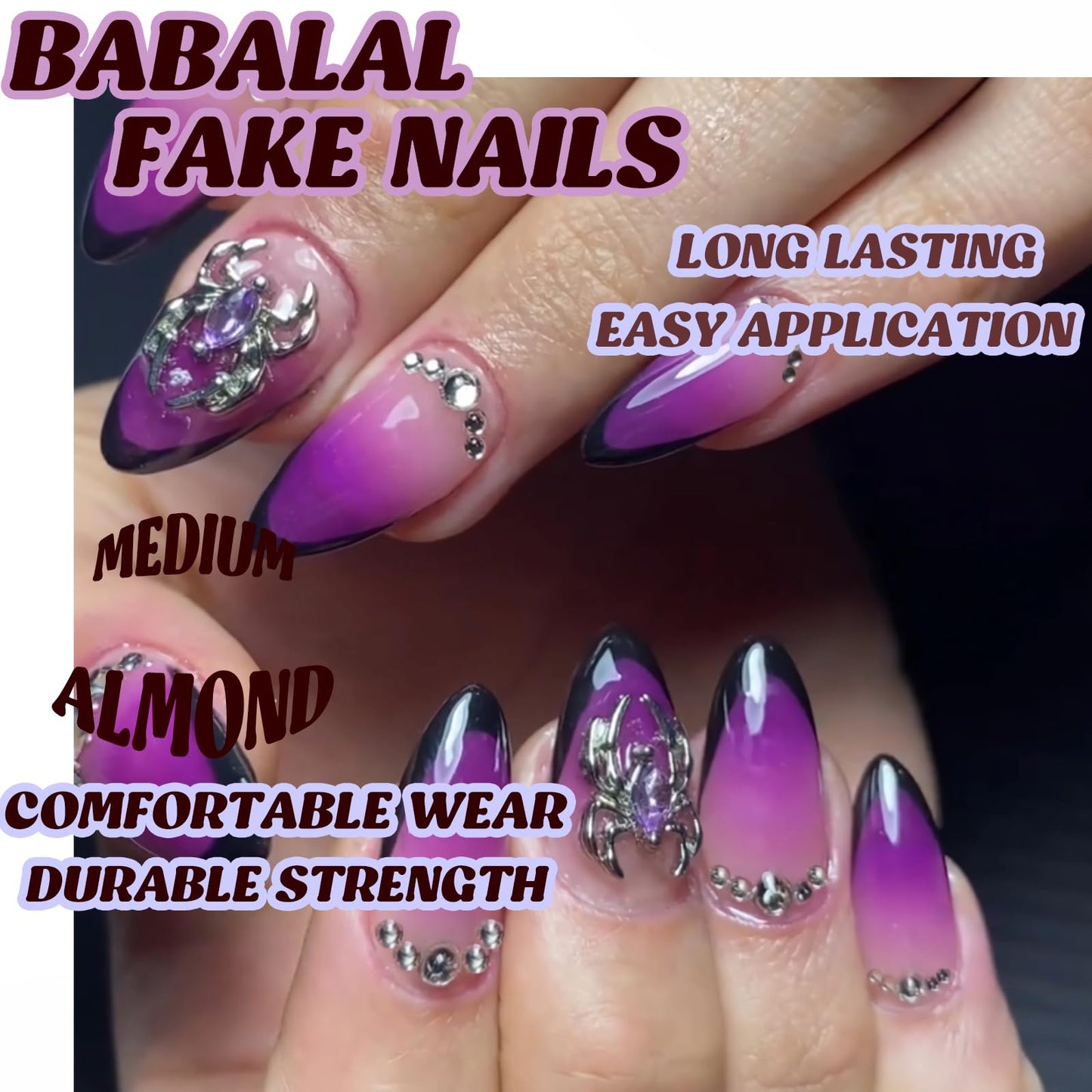 BABALAL Medium Almond Press on Nails, Black Gothic French Tip Acrylic Nails with Spider Charm and Purple Ombre Design, 24Pcs Halloween Full Cover Glue on Nails for Women and Girls