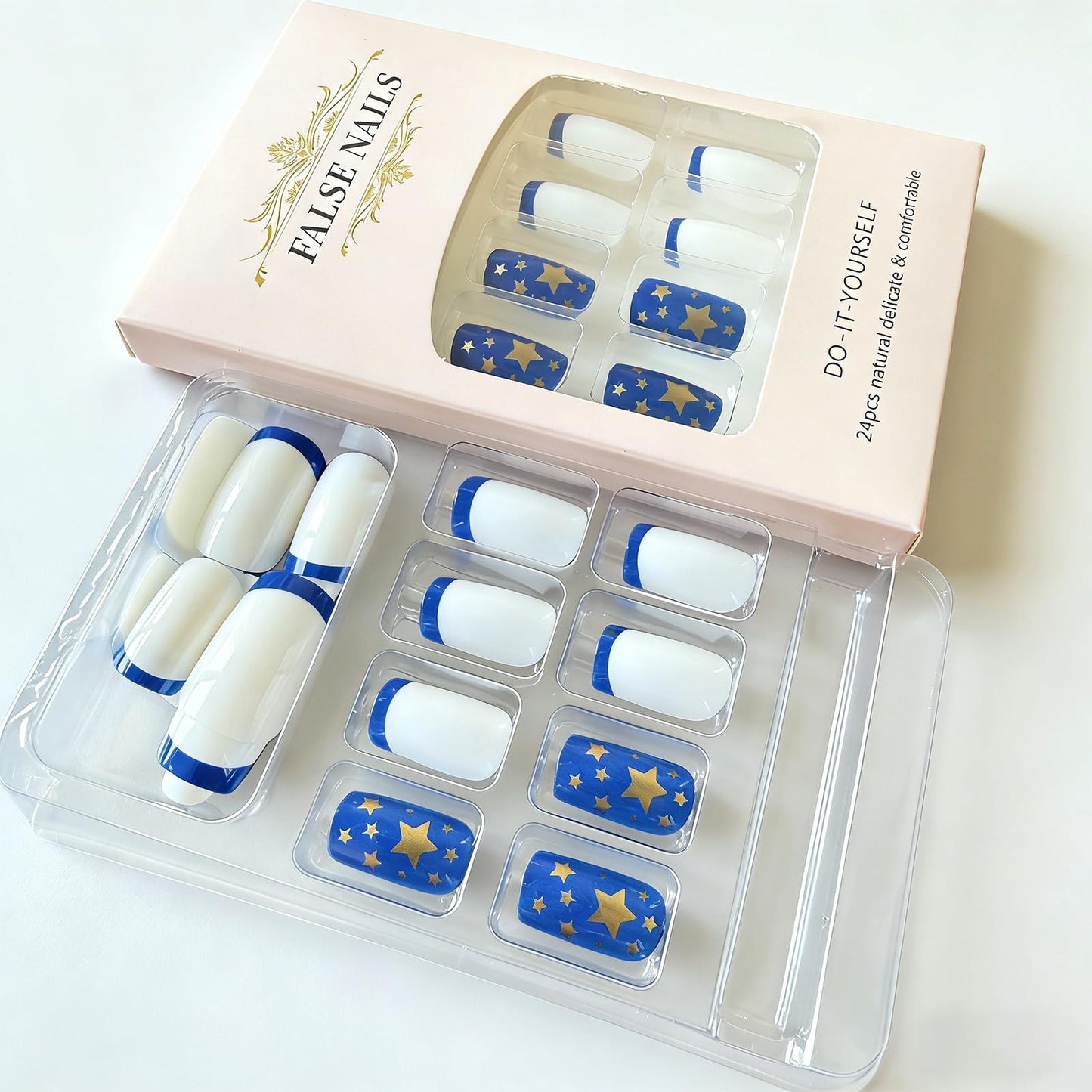 4th of July Press on Nails French Tip Medium Square Independence Day Fake Nails Gold Star Patriotic False Nails Reusable Artificial Nail Full Cover Glossy Stick on Nail for Women Manicure 24Pcs