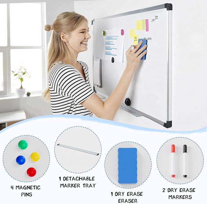 DUMOS Magnetic White Board Kit for Wall 36" x 24", Dry Erase Board with 1 Dry Eraser & 2 Multicolor Markers & 4 Magnetic Pins, Reinforced Aluminum Frame for Home, School, Office