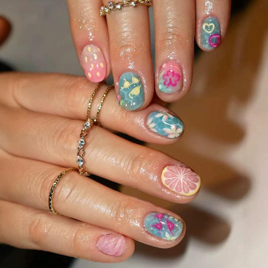Square Press on Nails Short Fake Nails with 3D Lemon Love Water Drop Flower Designs Nails Press ons Blue Pink Glue on Nails Glossy Acrylic Nails Cute False Nails Summer Stick on Nails for Women 24Pcs