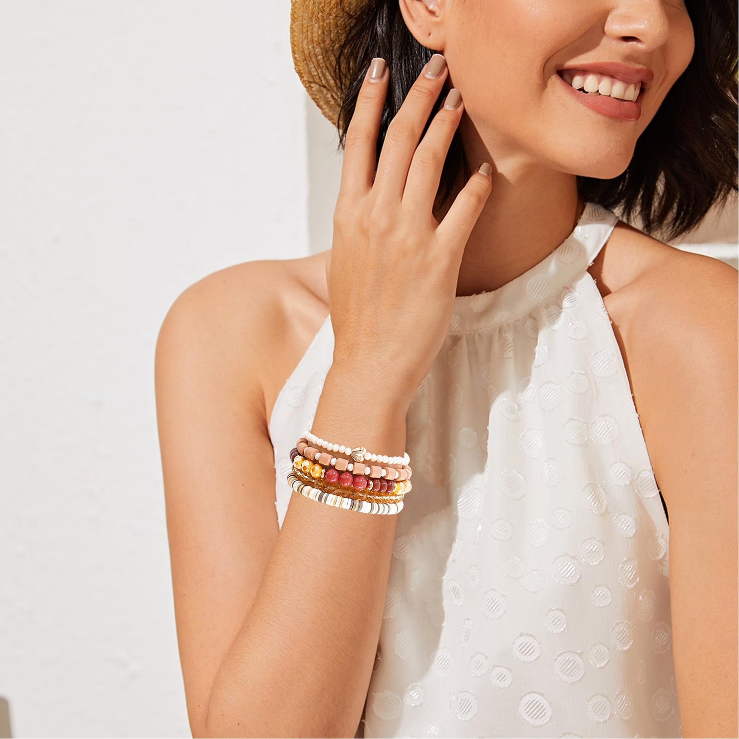 RISHEGAE Crystal Heishi Beaded Bracelet for Women Stackable Bracelet Layering Friendship Summer Stretch Bracelets for Women