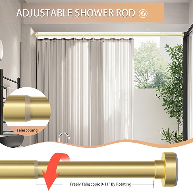 Gold Shower Curtain Rod 34-96 Inches(2.8-8ft) Never Rust Adjustable Shower Rod Spring Tension Non Slip No Drilling Shower Rods for Bathroom Garland Window