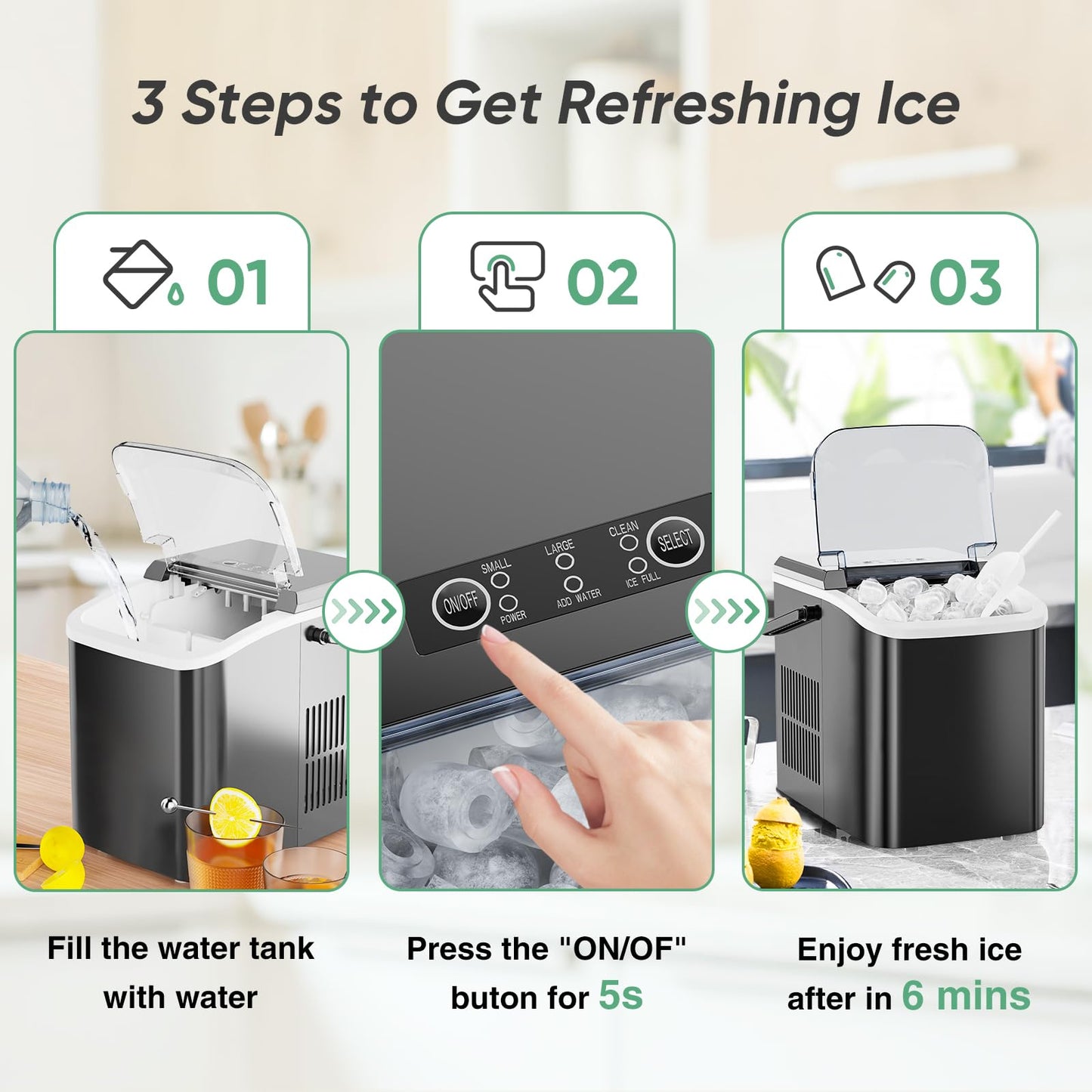 DUMOS Countertop Ice Maker, Portable Ice Machine Self-Cleaning, 9 Cubes in 6 Mins, 26.5Lbs/24H, 2 Sizes of Bullet Ice, Ice Scoop, Basket & Handle, Ice Cube Maker for Home Kitchen Party,1.5 L, Black