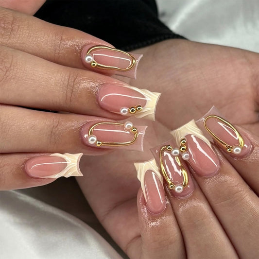 Medium Press on Nails Square Fake Nails with Gold Hollow-Out Pearl Design French Tip False Nails Press ons Glossy Full Cover Acrylic Nails Reusable Artificial Nails for Wommen Girls