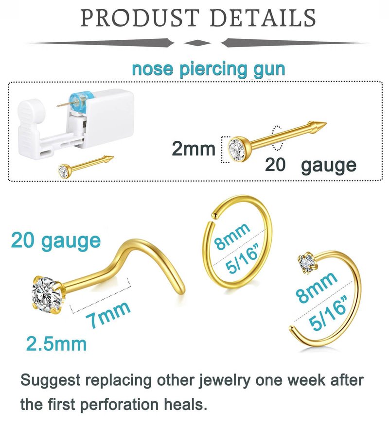 QWALIT 2pack Nose Ring Piercing Kit - Gold Nose Piercing Gun Kit