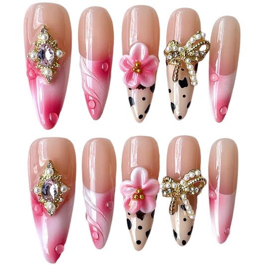 Handmade Press on Nails, Long Stiletto Acrylic False Nails with Pearl Bow, Pink Floral 3D Design, Vintage Rhinestone Embellished, Luxury Glamorous Set (Ribbon Elegance, L)