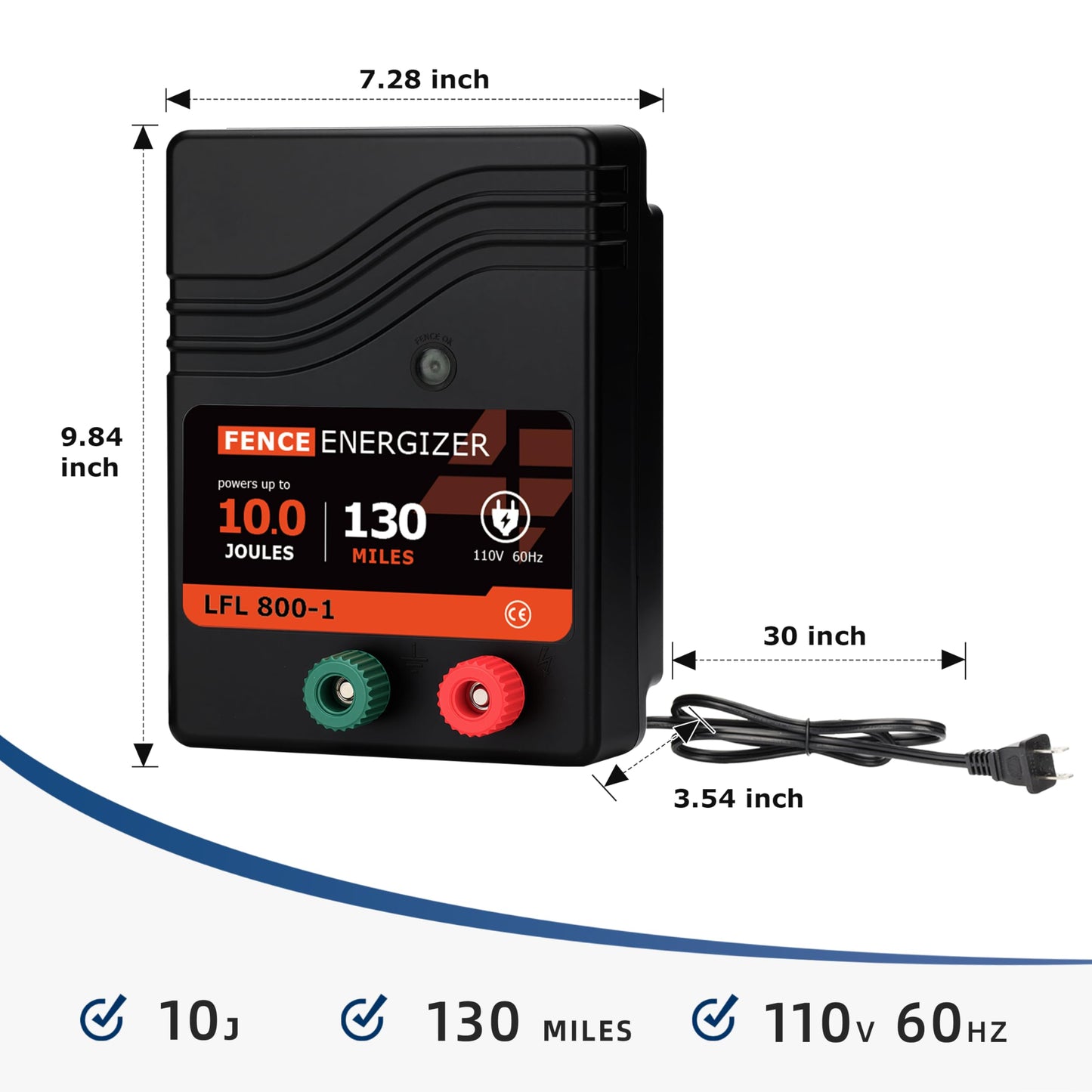 Electric Fence Charger AC Powered 130 Miles, 110 Volt 10 Joule Plug-in Electric Fence Energizer, Output Voltage Max 11.4 KV for Livestock, Preventing Predators from Intruding