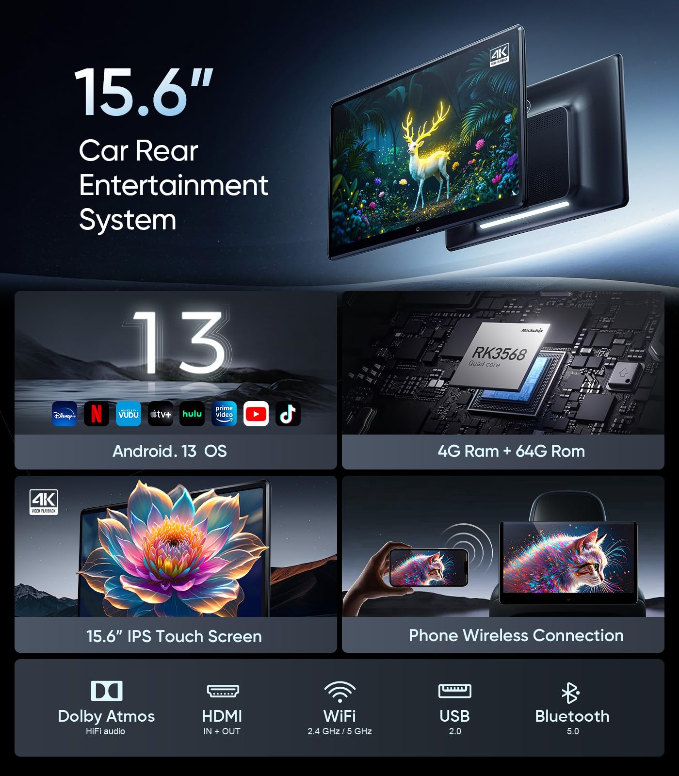 15.6 inch 4K Android.13 Car TV Headrest Monitor for Cars Back seat Rear Entertainment System, Support Phone Wireless Mirror Link Touch Screen,with WiFi/Bluetooth/HDMI/USB/Video Player (4G+64G(2*PCs))