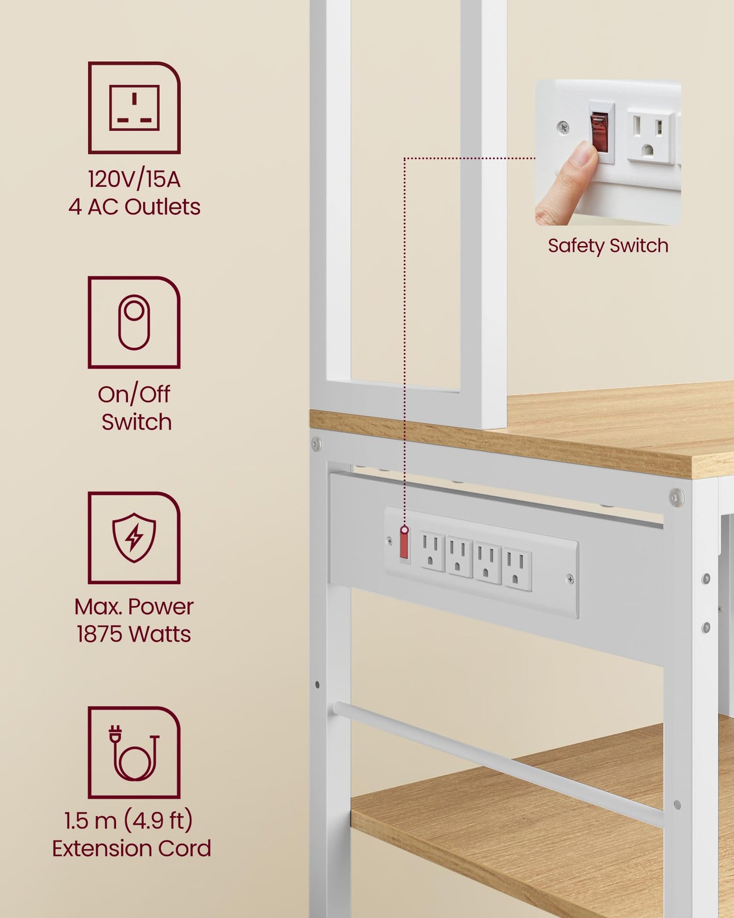 VASAGLE Bakers Rack with Charging Station, Coffee Bar, 15.7 x 31.5 x 71 Inches, Kitchen Microwave Stand, Adjustable Storage Shelves, Fabric Drawer, 12 Hooks, Golden Oak and Cloud White UKKS015Y03